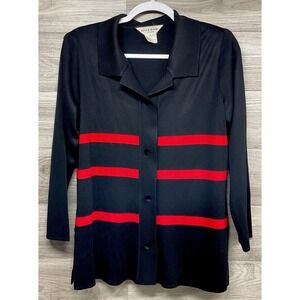Exclusively Misook Red Black Striped Button Front Cardigan Women's Size S Petite